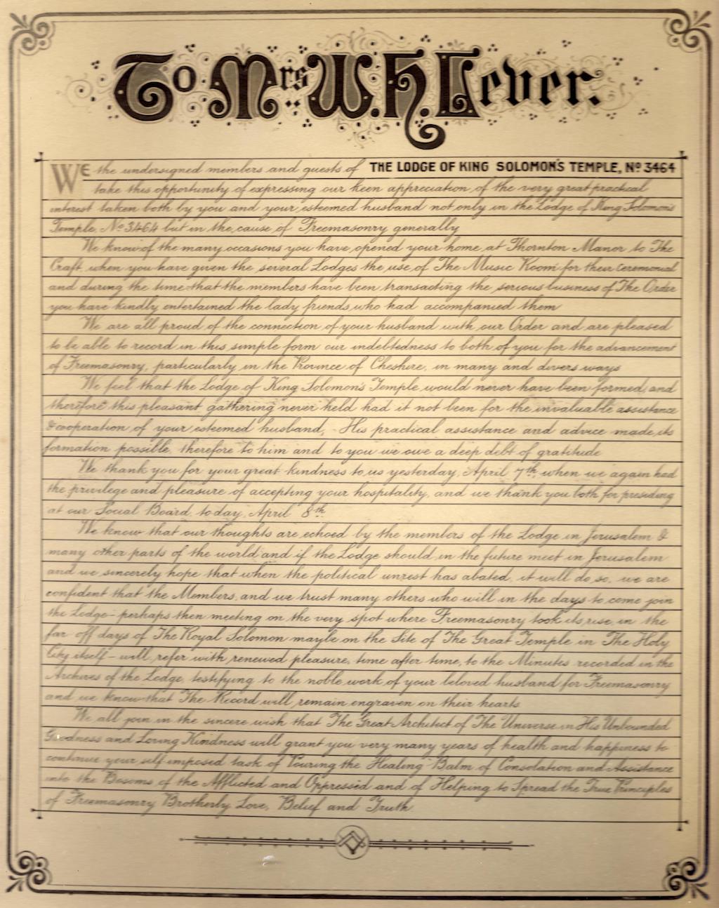 Illuminated Address to Mrs W. H. Lever